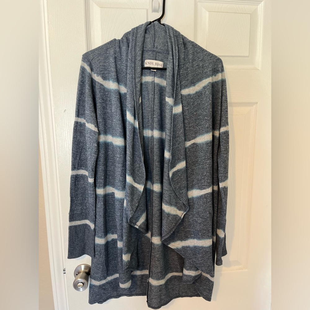 Knox Rose Gray and White Striped Draped Open-Front Cardigan Small